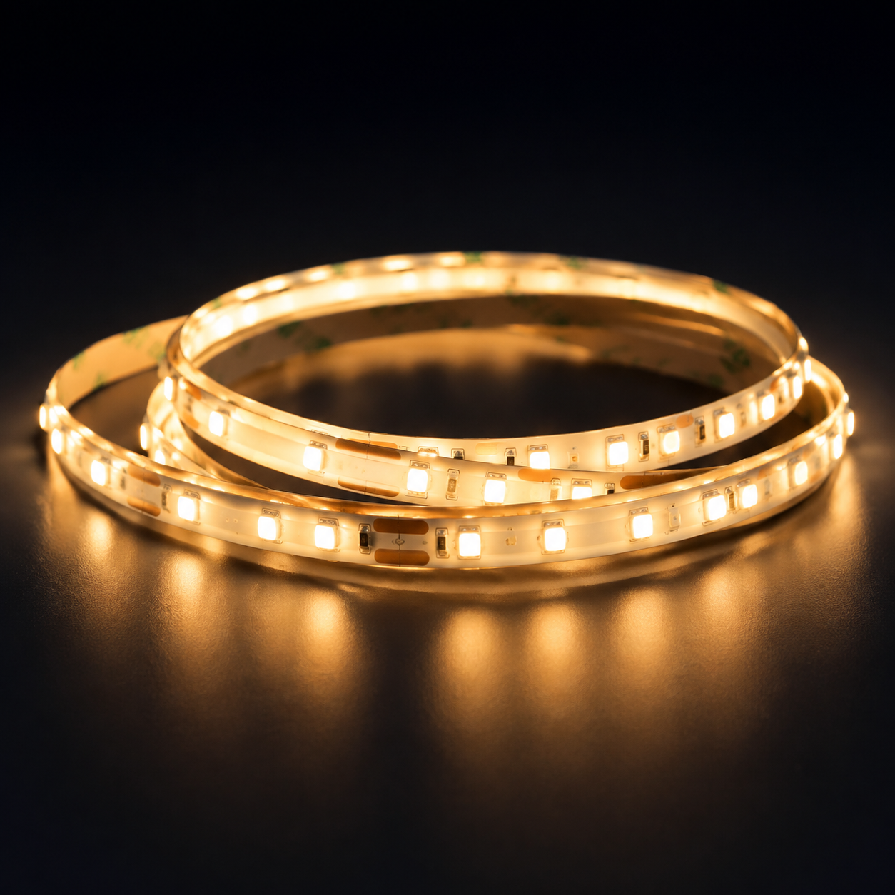 Warm white LED strip light coiled in a loop
