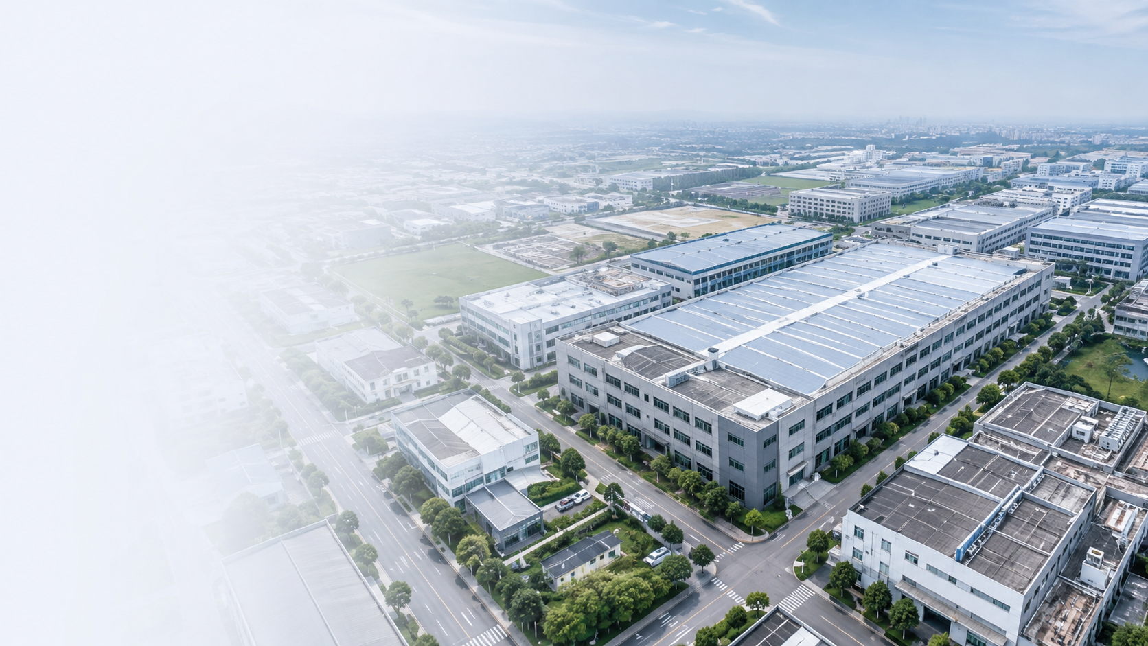 Aerial view of a modern LED lighting manufacturing campus